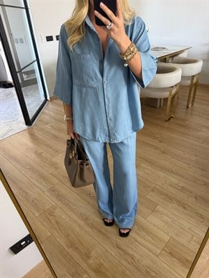Açık Mavi Denim Görünümlü Tensel Kumaş Gömlek-Pantolon İkili Takım