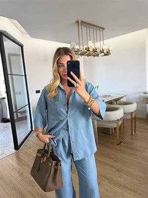 Açık Mavi Denim Görünümlü Tensel Kumaş Gömlek-Pantolon İkili Takım