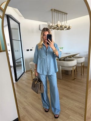 Açık Mavi Denim Görünümlü Tensel Kumaş Gömlek-Pantolon İkili Takım