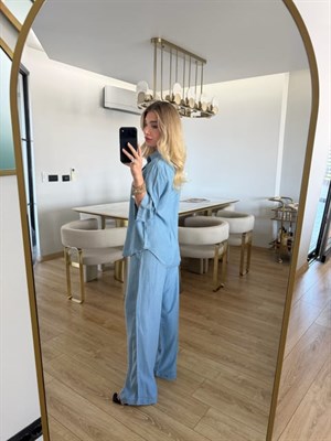 Açık Mavi Denim Görünümlü Tensel Kumaş Gömlek-Pantolon İkili Takım