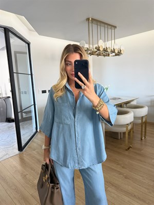 Açık Mavi Denim Görünümlü Tensel Kumaş Gömlek-Pantolon İkili Takım