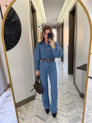Açık Mavi Denim Kemerli Tulum -8152