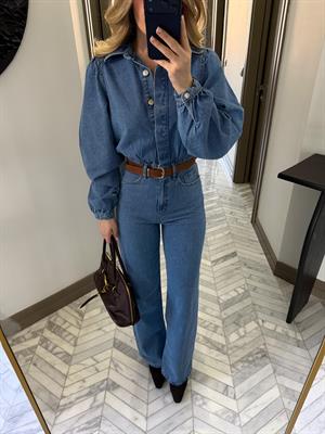 Açık Mavi Denim Kemerli Tulum -8152