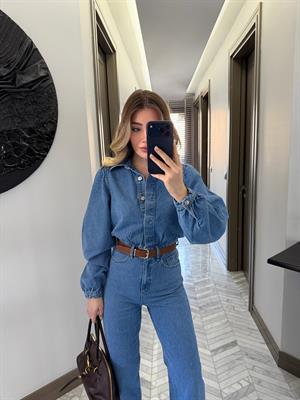 Açık Mavi Denim Kemerli Tulum -8152