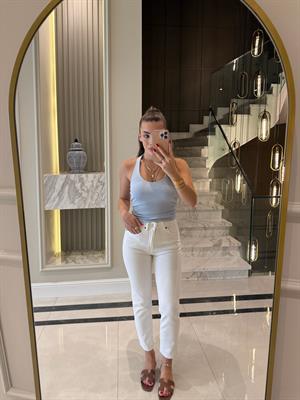 Açık Mavi  Fitilli Halter Yaka Top -21052