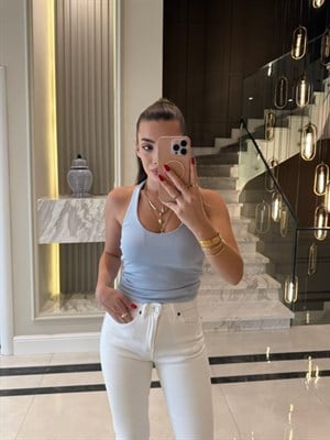 Açık Mavi Fitilli Halter Yaka Top -21052