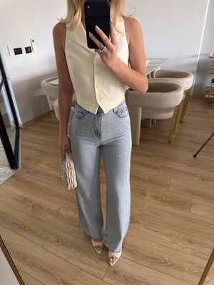 Açık Mavi Parlak Taşlı Geniş Paçalı Jean