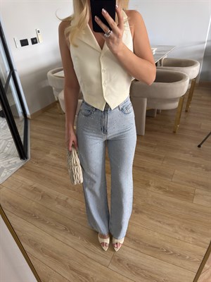 Açık Mavi Parlak Taşlı Geniş Paçalı Jean