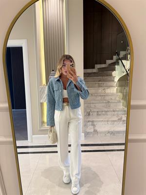 Açık Mavi Payetli Dokulu Denim Kısa Ceket