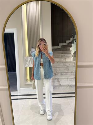 Açık Mavi Payetli Dokulu Denim Yelek