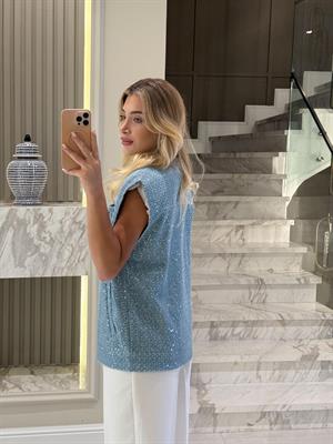 Açık Mavi Payetli Dokulu Denim Yelek