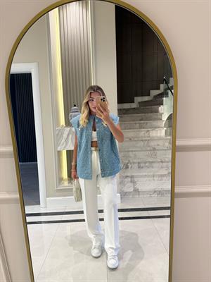 Açık Mavi Payetli Dokulu Denim Yelek