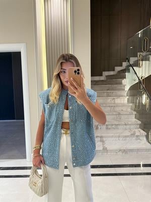 Açık Mavi Payetli Dokulu Denim Yelek