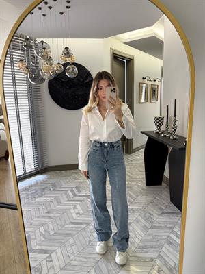 Açık Mavi Taşlı Wide Leg Jean