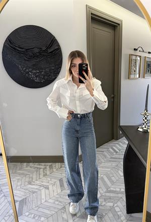 Açık Mavi Taşlı Wide Leg Jean