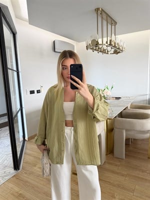 Adaçayı Yeşili Oversize Transparan Tensel Gömlek - 4914