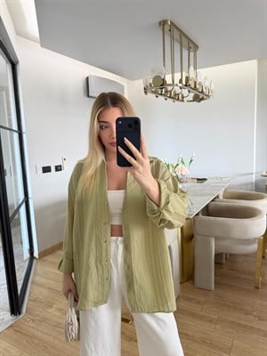Adaçayı Yeşili Oversize Transparan Tensel Gömlek - 4914