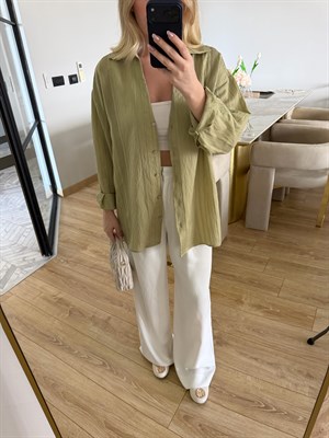 Adaçayı Yeşili Oversize Transparan Tensel Gömlek - 4914