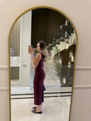 Aksesuar Detaylı Asimetrik Elbise -Bordo 