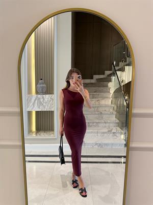 Aksesuar Detaylı Asimetrik Elbise -Bordo 