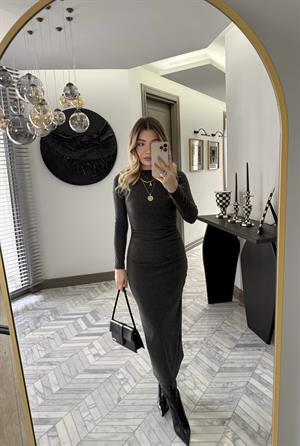 Antrasit İnce Fitilli Triko Elbise-1004