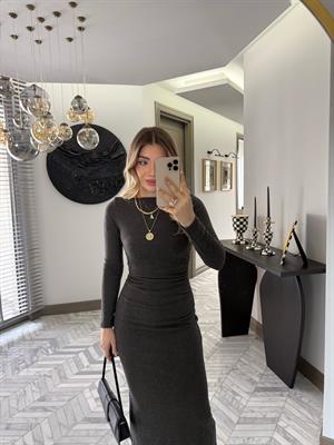 Antrasit İnce Fitilli Triko Elbise-1004