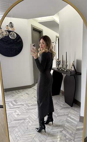 Antrasit İnce Fitilli Triko Elbise-1004