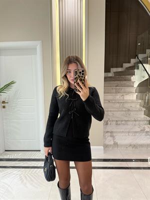 Antrasit İncili Fiyonk Aksesuarlı Triko Hırka -60983