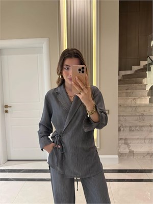 Antrasit Kruvaze Bağlamalı Gömlek Pantolon İkili Takım