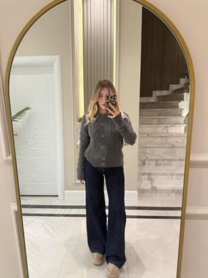 Antrasit Saç Örgülü Düğmeli Hırka-1030