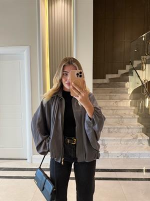 Antrasit Saten Bomber Ceket-9584