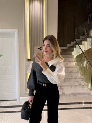 Antrasit Yaka Detaylı Triko Kazak-4256
