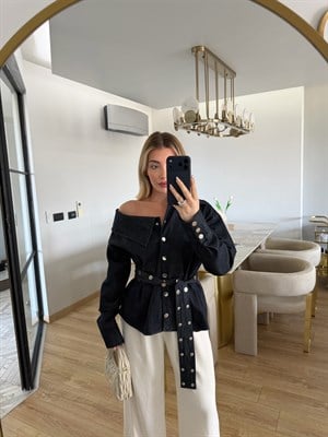 Lacivert Asimetrik Yaka Denim Gömlek-3174