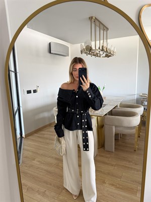 Lacivert Asimetrik Yaka Denim Gömlek-3174