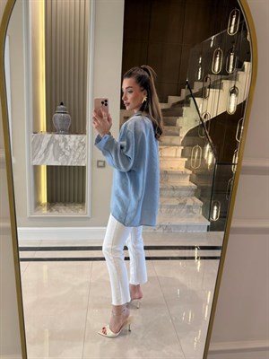 Bebe Mavi Düşük Omuzlu Oversize Tensel Gömlek-4612