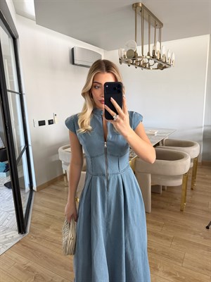 Bebe Mavi Fermuarlı Vatkalı Elbise-3004