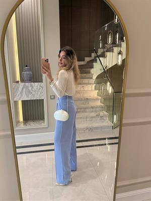 Bebe Mavi Gold Düğmeli Pileli Palazzo Pantolon