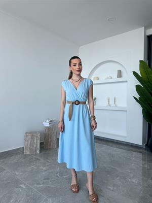 Bebe Mavi Hasır Kemerli Kruvaze Elbise
