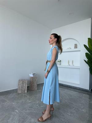 Bebe Mavi Hasır Kemerli Kruvaze Elbise