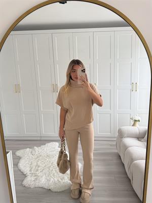 Bej Asimetrik Top- Örme Pantolon Takım 32239