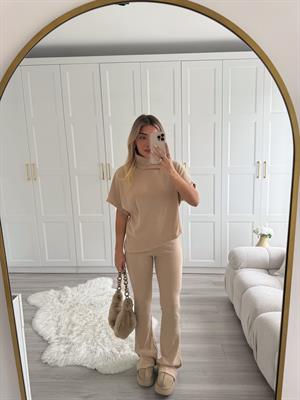 Bej Asimetrik Top- Örme Pantolon Takım 32239