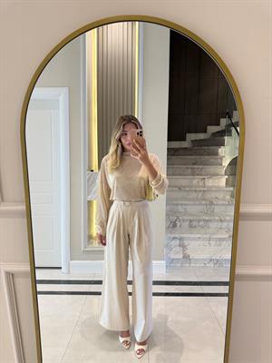 Bej Çift Düğmeli Pileli Palazzo Pantolon