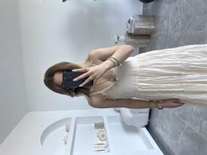 Bej Deniz Kabuğu İşlemeli Rustik Elbise