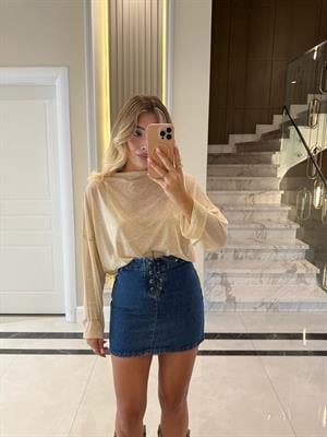 Bej Dik Yaka Transparan Bluz-70230
