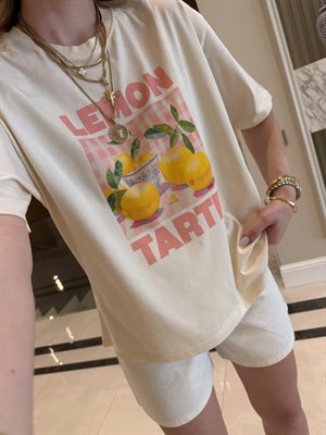 Bej Lemon Tarte Baskılı Basic Tişört