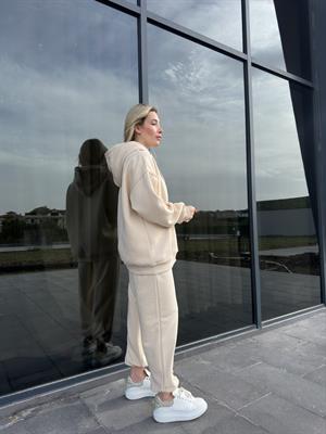 Bej Şardonlu Oversize Sweatshirt Takım