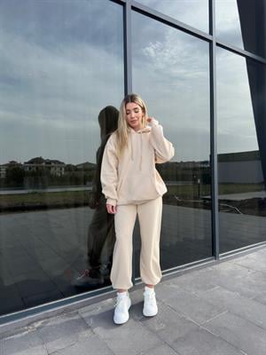 Bej Şardonlu Oversize Sweatshirt Takım