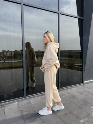 Bej Şardonlu Oversize Sweatshirt Takım