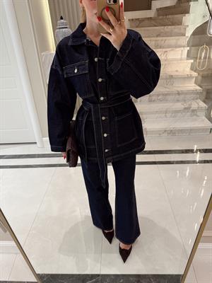 Belden Kuşaklı Lacivert Denim Ceket-Pantolon Takım