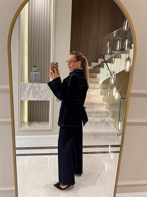 Belden Kuşaklı Lacivert Denim Ceket-Pantolon Takım